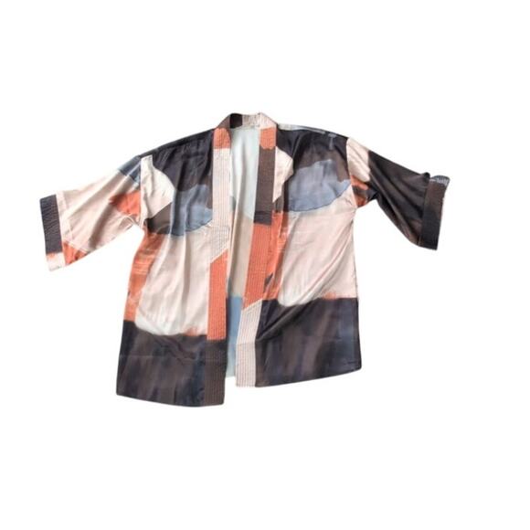 Soft Surroundings Ainsley Abstract Open Kimono Satin Art Sz S/M EUC - Picture 2 of 4